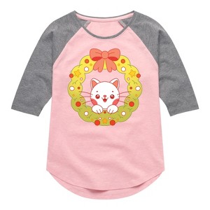 Girls' - Instant Message - Christmas Chibi Cat Wreath Shirt Tail Raglan Graphic T-shirt - 1 of 4