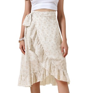 INSPIRE CHIC Women's High Waist Floral Summer Casual Ruffle Hem Tie Knot Lined A-Line Midi Skirts - 1 of 4
