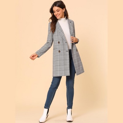 Allegra K Women's Double Breasted Notched Lapel Plaid Overcoat with Pockets White Black X-Large — фото 2