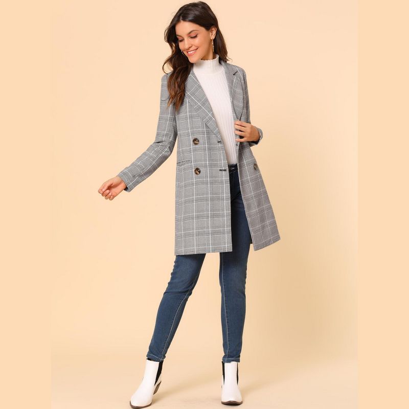 Allegra K Women's Double Breasted Notched Lapel Plaid Overcoat with Pockets, 3 of 8