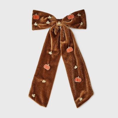 Velvet Pumpkin and Leaf Bow Hair Clip - Brown/Gold