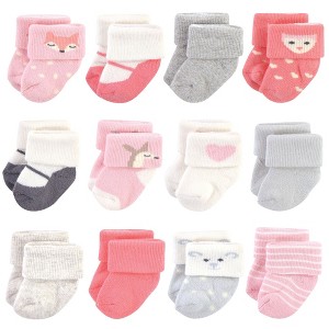 Hudson Baby Infant Girl Cotton Rich Newborn and Terry Socks, Girl Woodland, 0-3 Months - 1 of 2