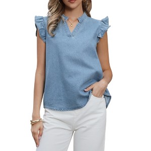 INSPIRE CHIC Women's Denim Cute Ruffled Cap Sleeve Collared V Neck Summer Casual Jean Blouses - 1 of 4