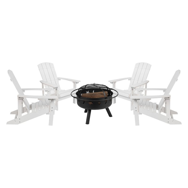 Emma and Oliver Five Piece Hartford Camping Set with Two Faux Wood Adirondack Chairs and Star and Moon Fire Pit with Mesh Cover, 1 of 13