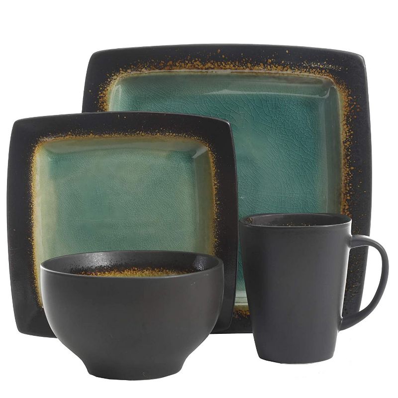 Gibson Elite Ocean Paradise 16 Piece Soft Square Glazed Dinnerware Kitchen Dish Set with Multi Sized Plates, Bowls, and Mugs, Jade, 2 of 7