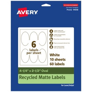 Avery Recycled Matte White Labels,  4-1/4" x 2-1/2" Oval - 1 of 4