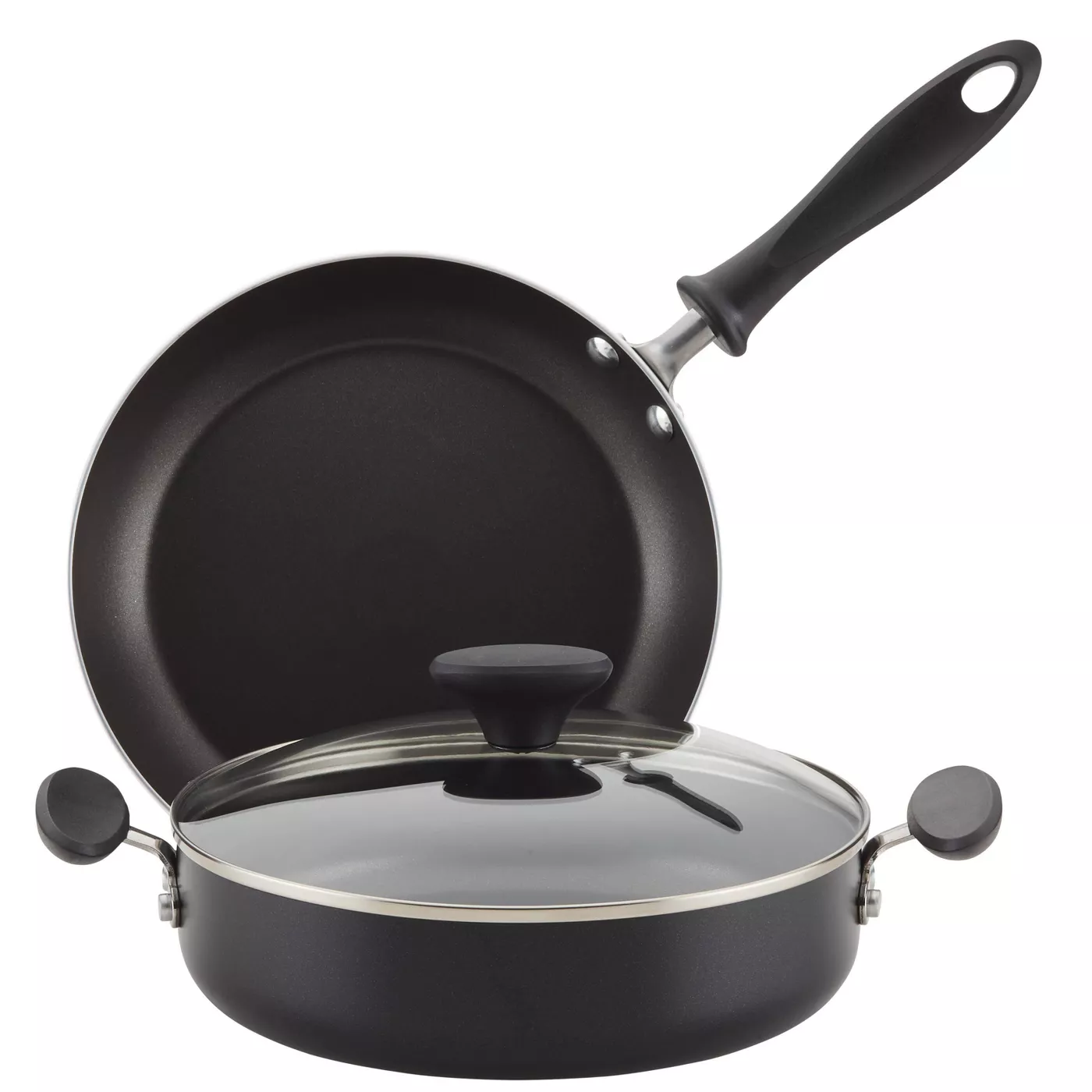 Farberware 3pc Nonstick Aluminum Reliance Covered Sauteuse and Open Skillet Cookware Set Black - image 1 of 8