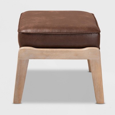 Antique Oak and Dark Brown Faux Leather Mid-Century Ottoman