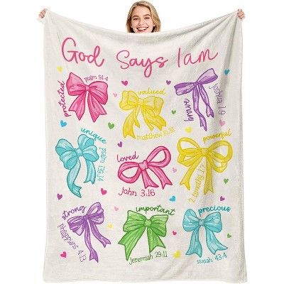 Pink Bow Christian Throw Flannel Blanket, Women Inspirational Jesus Prayer Home Decor Gift.