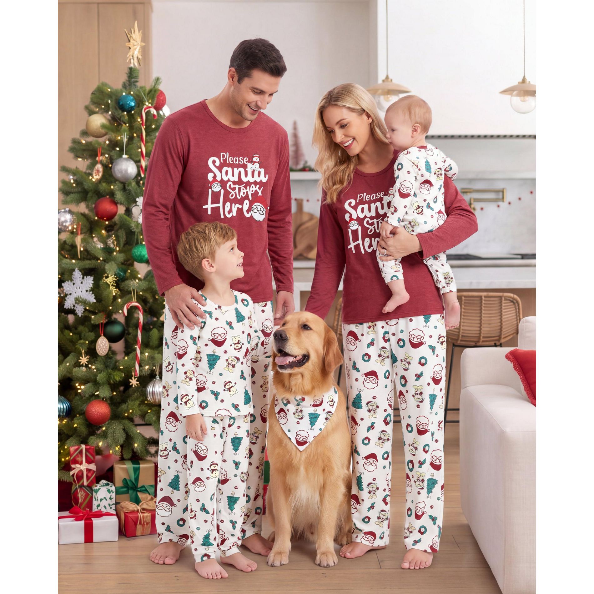PATPAT Family Matching Outfits Christmas Pajamas, Please Santa Stops Here Graphic, Long Sleeve Holiday Sleepwear for Adults, Kids, Baby & Pet