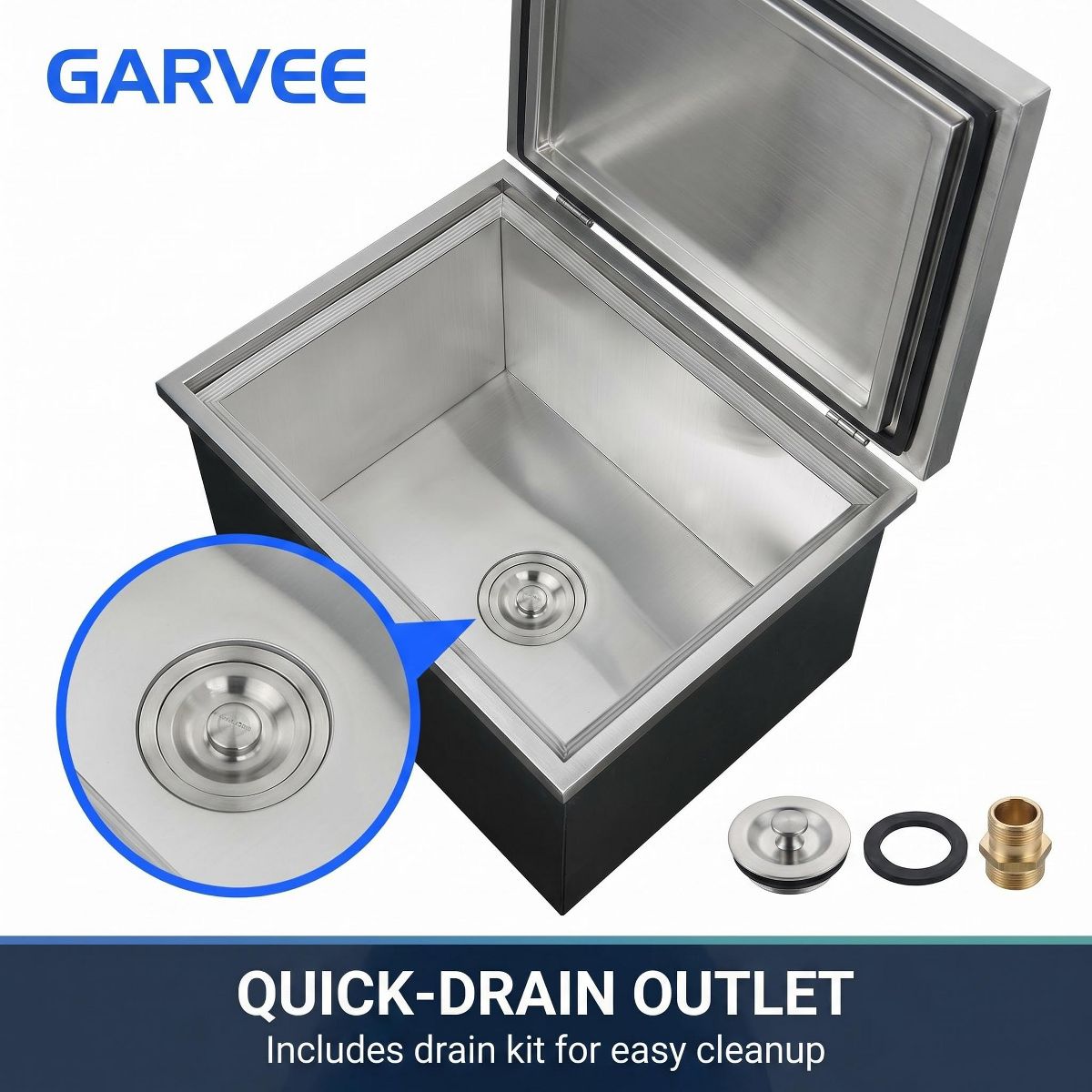 Built In Stainless Steel Ice Cooler Box, Insulated Beverage Chest with Lid and Drain Hole - thumbnail 2