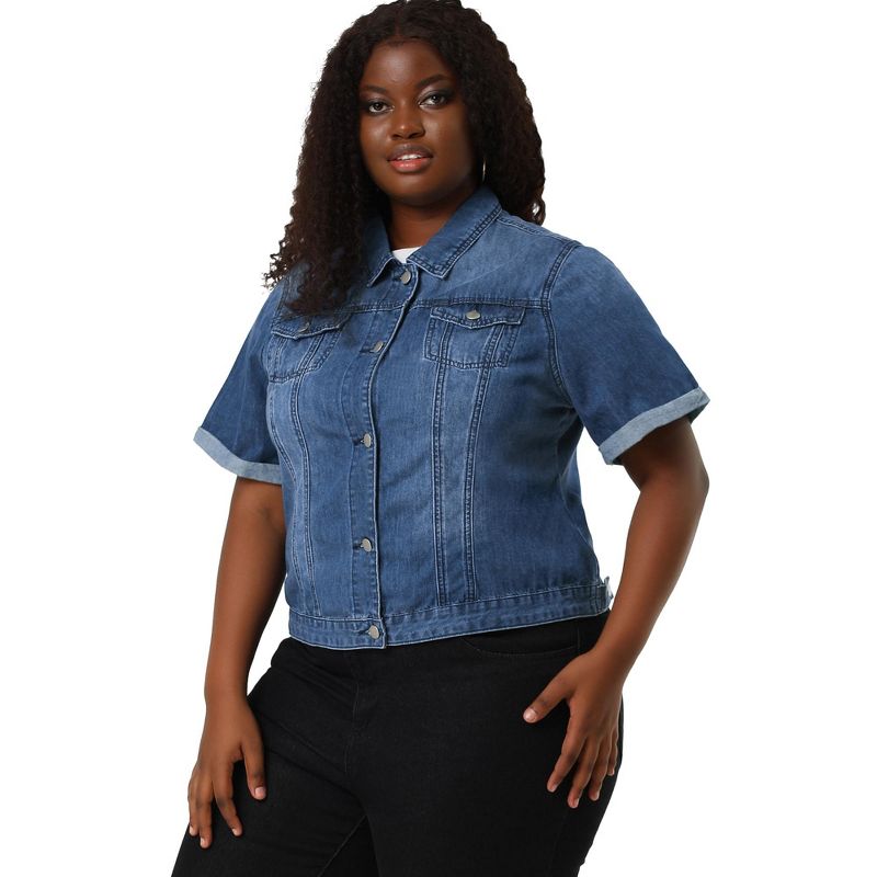 Agnes Orinda Women's Plus Size Denim Button Front Crop Short Sleeve Trucker Jean Jackets, 5 of 8