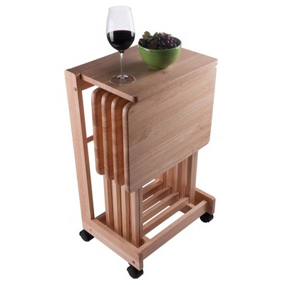 Natural Wood 5-Piece Snack Table Set with Serving Cart