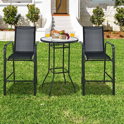 Costway 3 PCS Outdoor Patio Bar Table Stool Set Height Tempered Glass Top