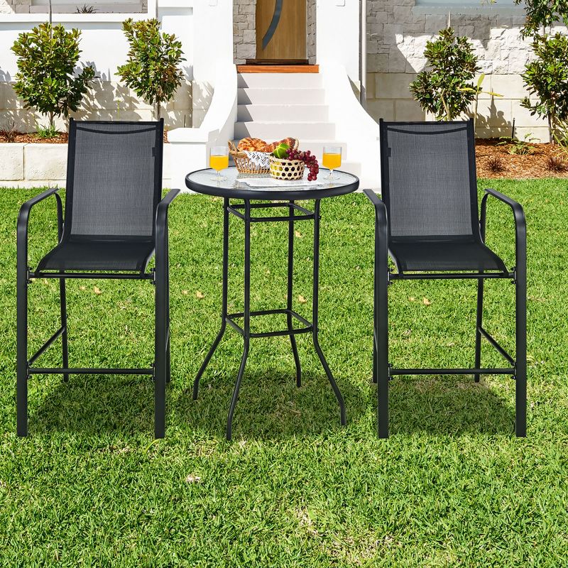 Costway 3 PCS Outdoor Patio Bar Table Stool Set Height Tempered Glass Top, 1 of 11