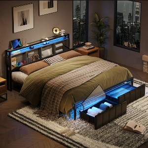 Bestier Bed Frame with Hidden Storage Headboard and Dual LED Light,Black PU Leather Bed with 2 Drawers, 2 Tier Shelves with Charging Station - 1 of 4