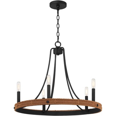 Black Metal and Woven Wood 6-Light Chandelier