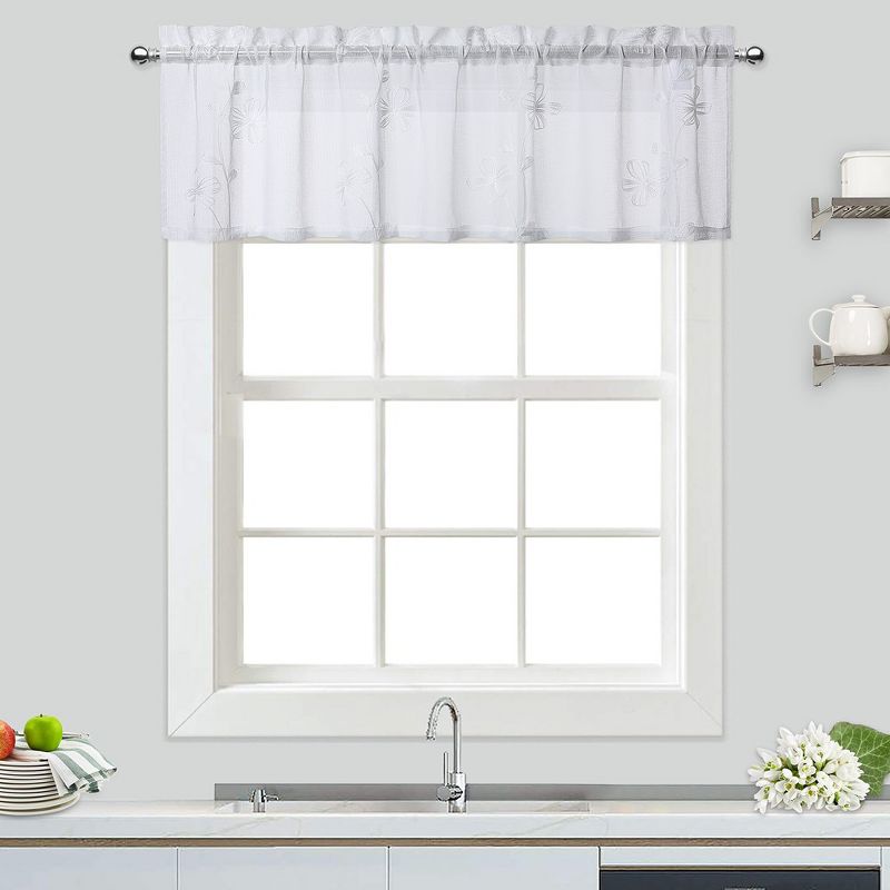 Floral Embroidered Voile Sheer Short Kitchen Curtains for Small Windows Bathroom, 1 of 6