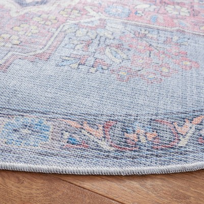 Ivory and Blue Round Washable Viscose Area Rug