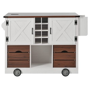 Gulches 54" White Farmhouse Kitchen Island with Drop Leaf - Rolling Cart with Power Outlet, 2 Doors, 2 Drawers, Wine Rack & Spice Rack - 1 of 4