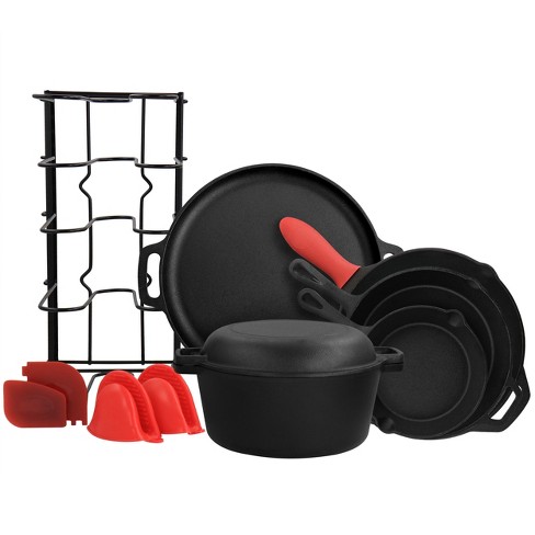 Megachef Pre-seasoned 9 Piece Cast Iron Skillet Set With Lids And Red  Silicone Holder : Target