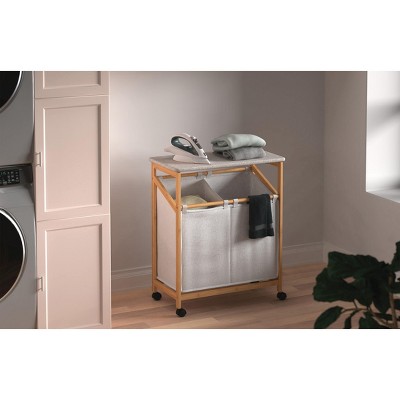 Natural Bamboo Dual Compartment Laundry Hamper with Ironing Board