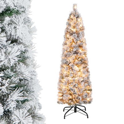 Costway 4.5 FT/6FT/7FT Pre-Lit Slim Christmas Tree Flocked Decoration with Pine Needles & Lights
