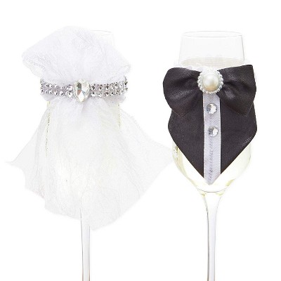 Sparkle and Bash 2-Pack Bride and Groom Wine Glass Covers for Wedding Party Decorations(White & Black)