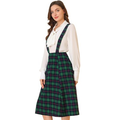 Allegra K Women's Vintage Plaid A-line Tartan Suspender Midi Skirt ...