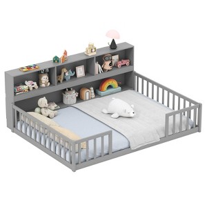 Safstar Full Size Montessori Floor Bed w/ Bookcase Storage Shelves & Safety Fence Rails - 1 of 1