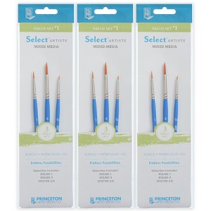 Princeton Select Artiste Brush Set No. 1, Synthetic Bristles, Short Handle Mixed Media Paintbrush, Jewel Blue, 3 Per Set, 3 Sets - 1 of 4