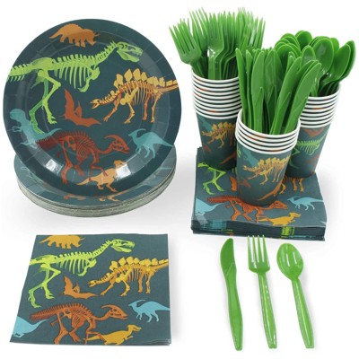 Disposable Dinnerware Set - Serves 24 - Dinosaur Themed Party Supplies for Kids Birthdays, Dino Fossils Skeleton Design