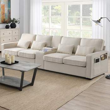 114.2" Modern Linen Upholstered Sofa with Console, 2 Cup Holders, 2 USB Ports, Wireless Charging and 4 Pillows - ModernLuxe