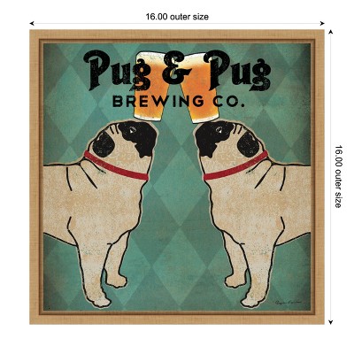 Vintage Style Pug and Beer Canvas Print in Maple Frame