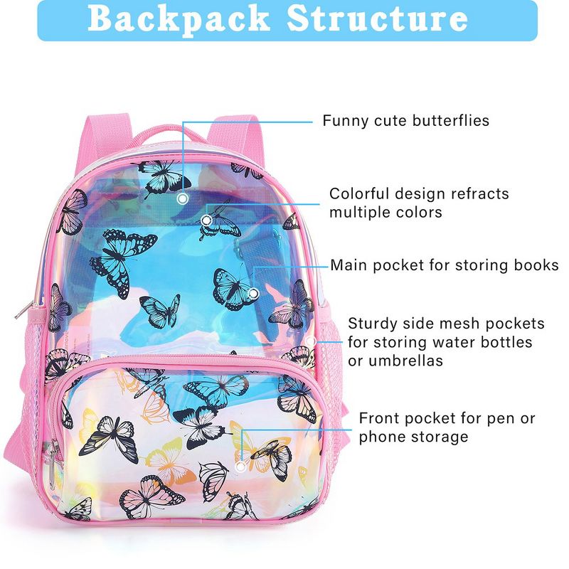 Butterfly Print Backpack Clear Backpack Heavy Duty Stadium Transparent School Book Bag Pvc Mesh Bag Cute Girls Bookbags, 3 of 7