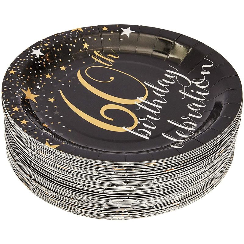 Sparkle and Bash 80-Pack 60th Birthday Disposable Paper Plates 9" Black Party Supplies, 4 of 6