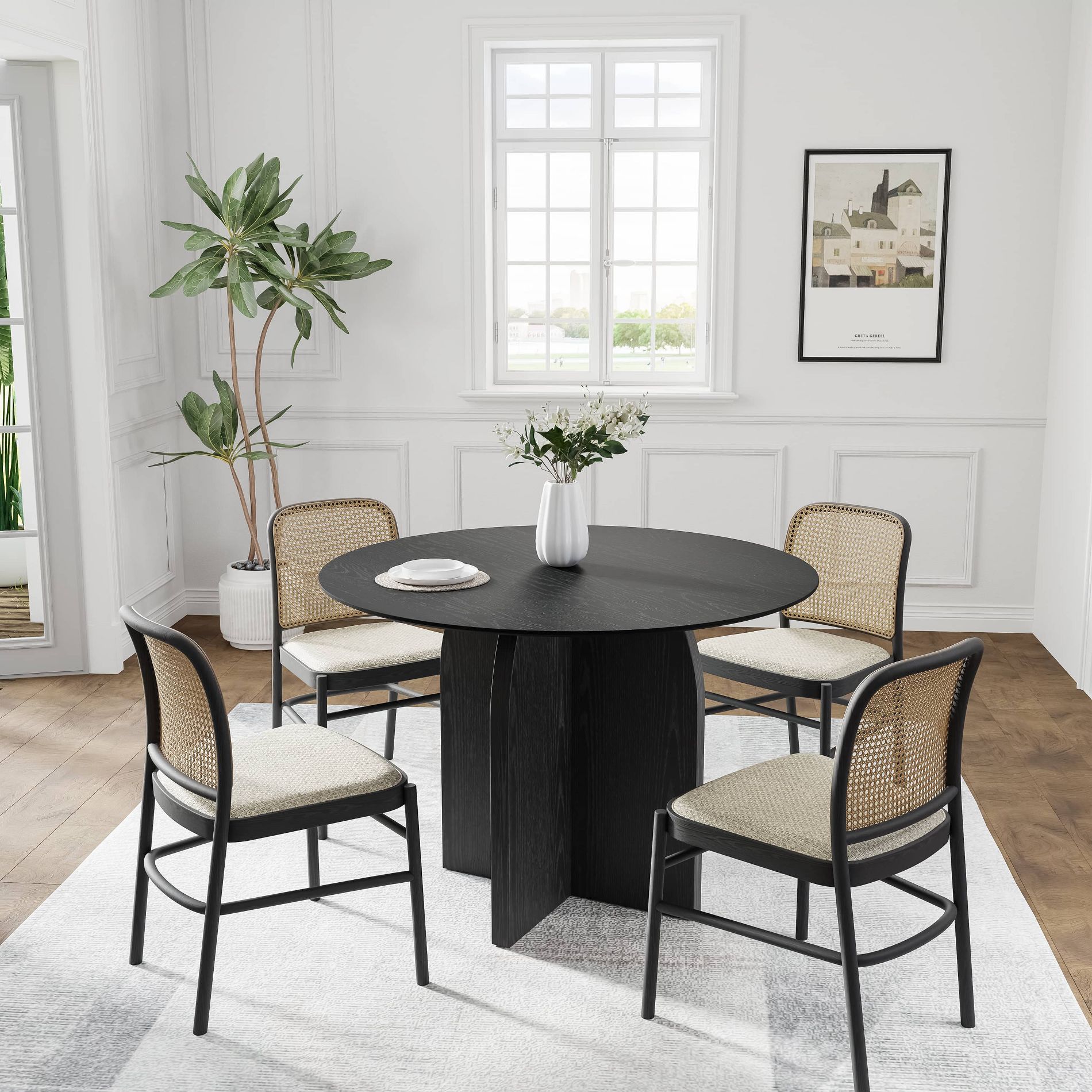 Dovelina 42" Round Dining Table for 4 - Mid-Century Modern Farmhouse, Black