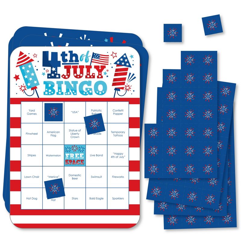 Big Dot of Happiness Firecracker 4th of July - Bar Bingo Cards and Markers -  Party Shaped Bingo Game - Set of 18, 1 of 6
