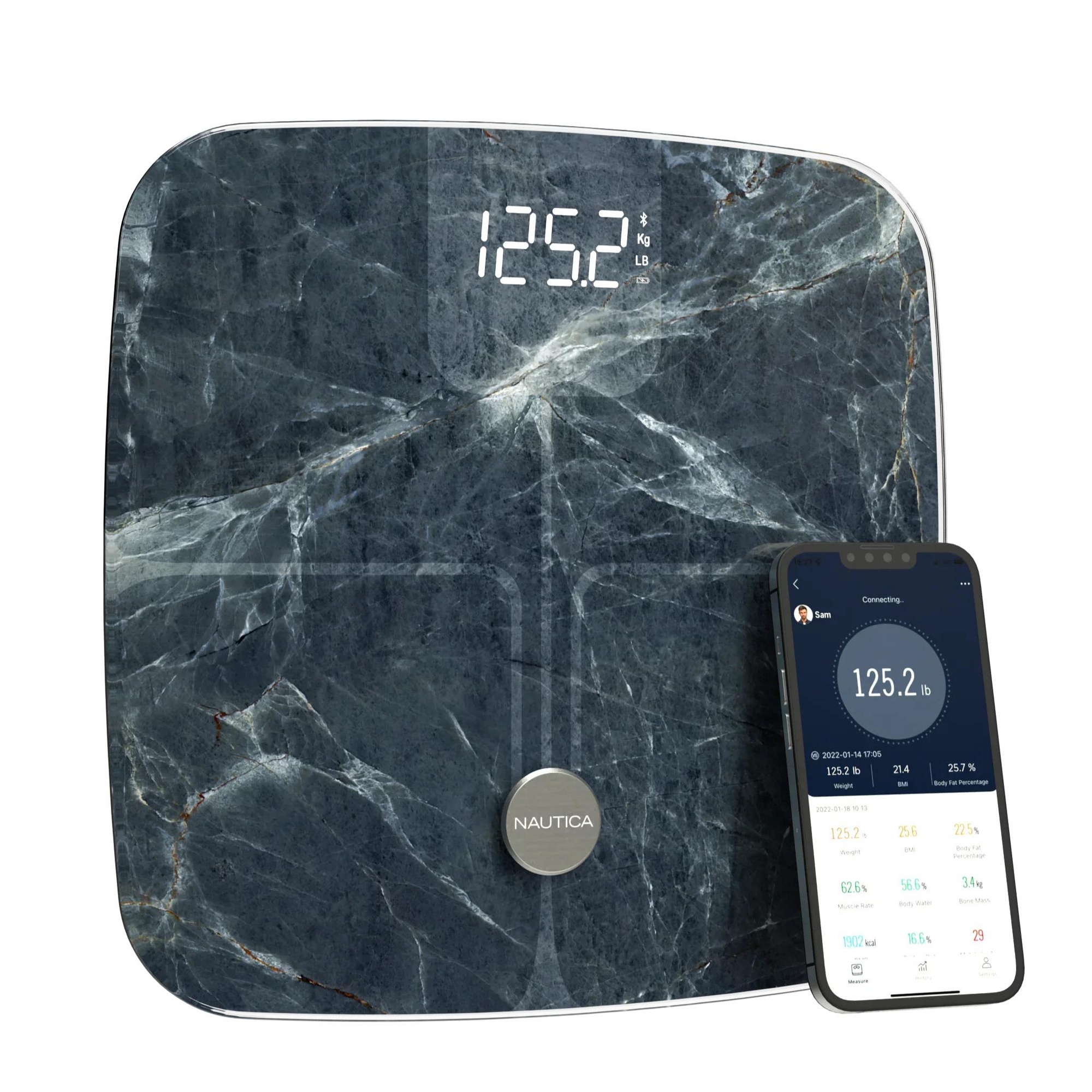 Nautica Body Tracker Digital Bathroom Scale, Bluetooth-Enabled Smart Scale with BMI, Body Fat, Muscle Mass Tracking, Syncs with Smartphone App, 440Lbs