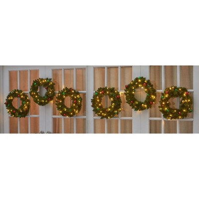 18" Pre-Lit Pine Wreaths with Ornaments, Set of 6