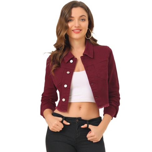 Allegra K Women's Turn Down Frayed Button Down Washed Cropped Denim Jacket  Burgundy Small : Target