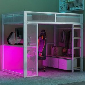 CAVINAS Full Size Loft Bed Modern Metal Bed Frame with Desk, 3 Linen Drawers, LED and Guardrail for Bedroom - 1 of 4