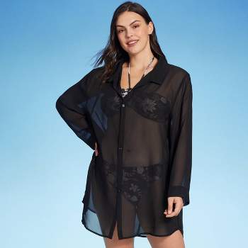 Women's Long Sleeve Cover Up Shirtdress - Shade & Shore™ Black XL