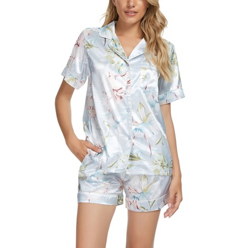 cheibear Women's Satin Button Short Sleeve Shirt and Shorts 2 Pcs Pajama  Set White X-Small