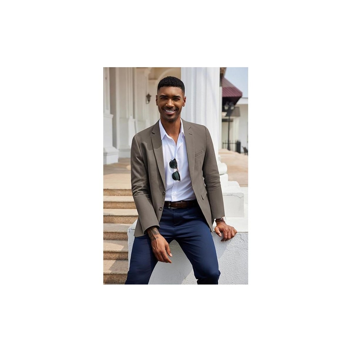 Мужские куртки COOFANDY Men's Herringbone Blazer Slim Fit Cotton Sport Coats Two Buttons Casual Suit Jacket Navy Blue M — фото 3