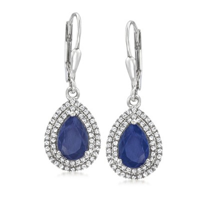 Ross-Simons 4.70 ct. t.w. Sapphire and .41 ct. t.w. Diamond Pear-Shaped Drop Earrings in 14kt White Gold