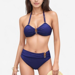 Anna-Kaci Women's High Waist Bikini Set with Shell-Inspired Ring Detail and Adjustable Halter Strap - 1 of 4