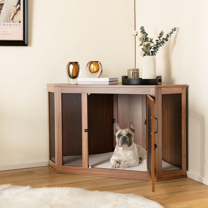 Tangkula Wooden Corner Dog Crate Furniture Pet Kennel End Table Cage w/ Door & Mesh, 3 of 11