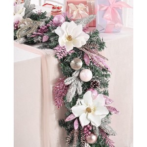 MOEPISY 6 Ft Christmas Garland for Mantle, Pink Christmas Decor Flocked Garlands with Magnolia Flower Balls & Pink Gold Leaves - 1 of 4