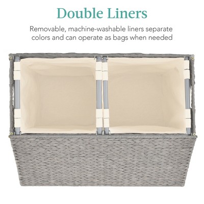 Large Gray Handwoven Water Hyacinth Double Laundry Hamper with Lid